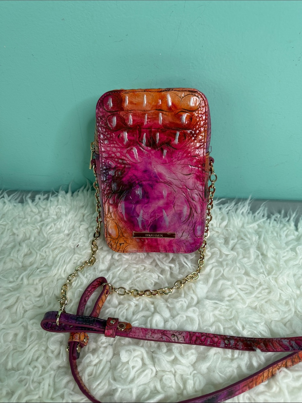 Brahmin Pink and Orange Ombre Croc-Embossed Crossbody